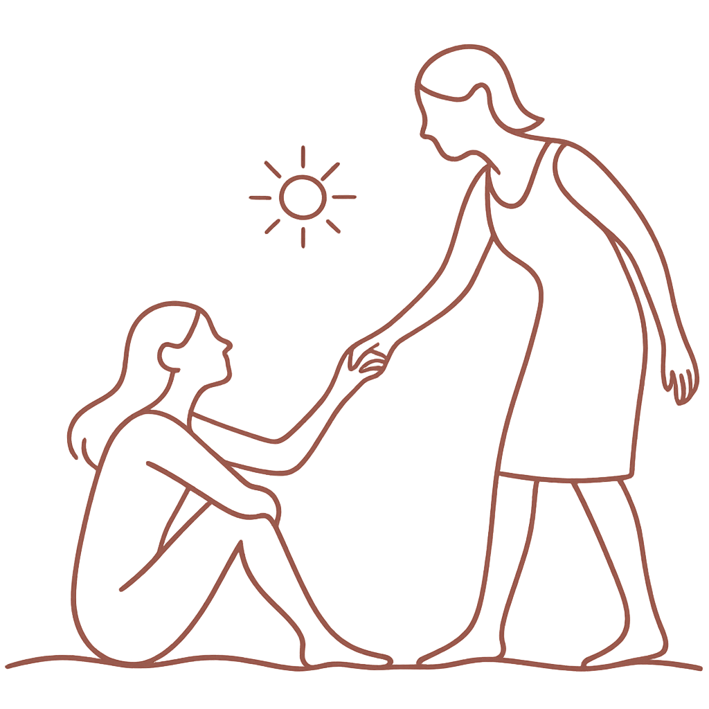 llustration représentant un accompagnement bienveillant, une femme aidant une autre à se relever, symbole du soutien proposé par Bloom50.
